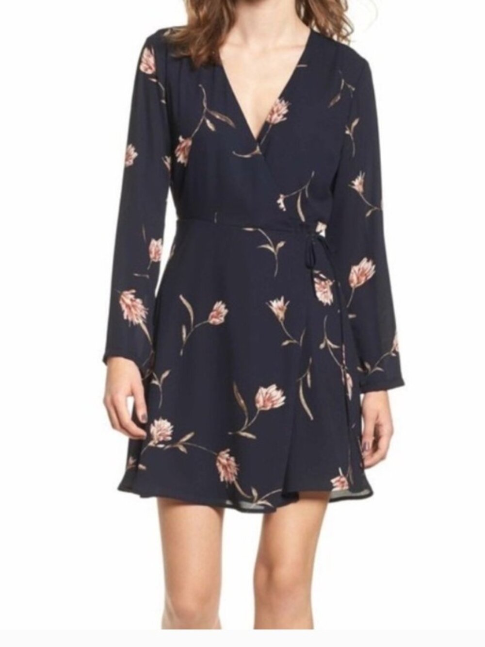 Lush LUSH, Navy Long Sleeve Floral Wrap Dress With Pink Blossoms XL